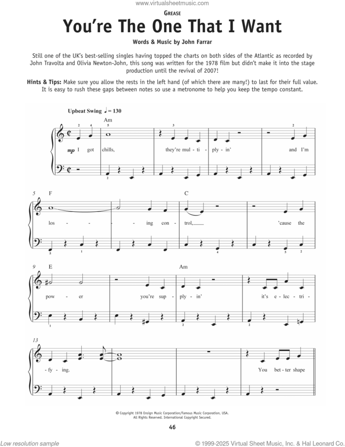 You're The One That I Want (from Grease) sheet music for piano solo by Olivia Newton-John and John Travolta and John Farrar, beginner skill level