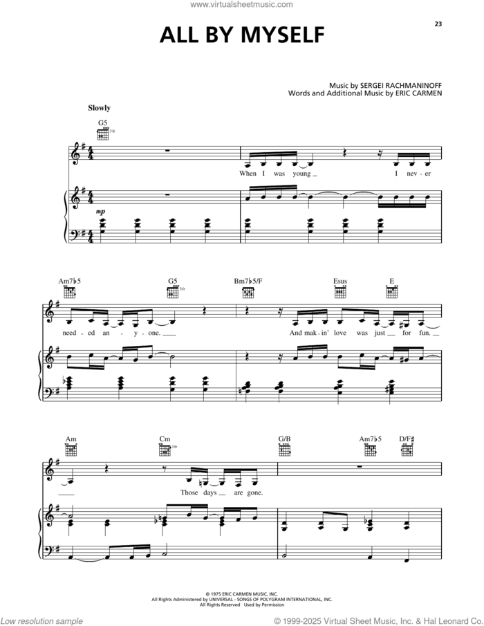 All By Myself sheet music for voice, piano or guitar by Eric Carmen and Serjeij Rachmaninoff, intermediate skill level