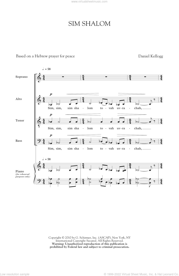 Sim Shalom sheet music for choir (SATB: soprano, alto, tenor, bass) by Daniel Kellogg, intermediate skill level