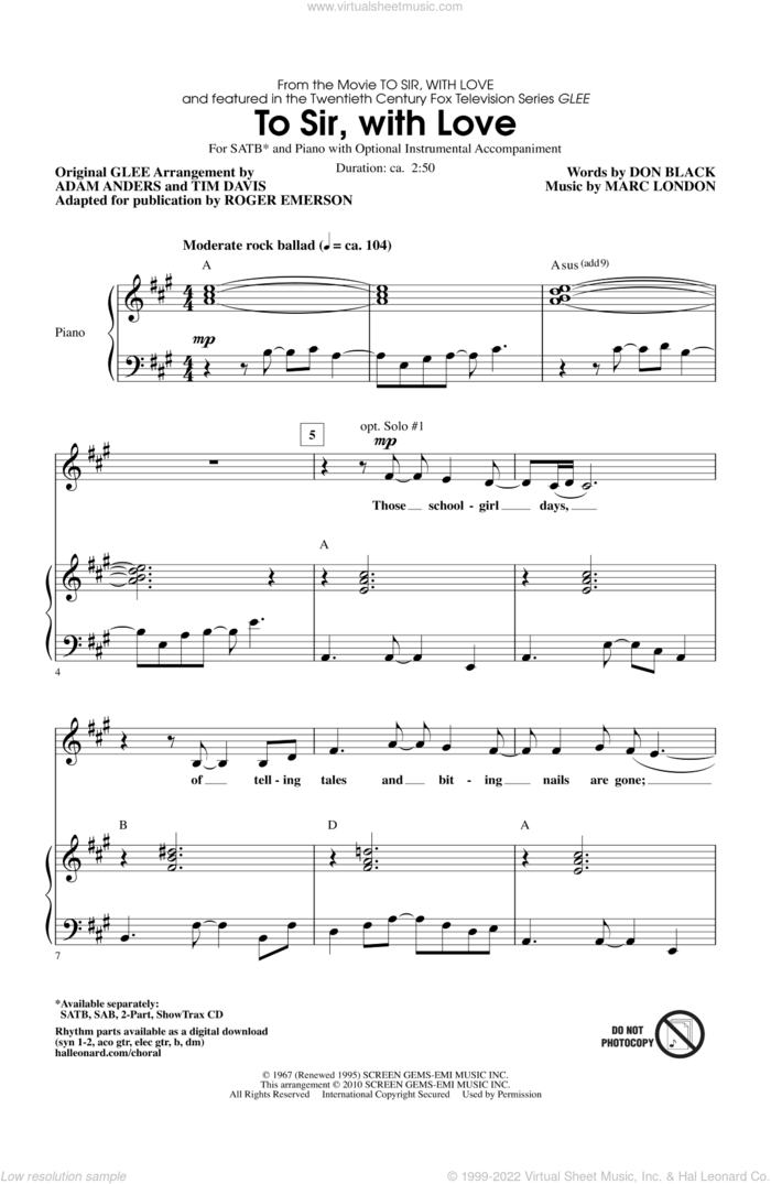 To Sir, With Love sheet music for choir (SATB: soprano, alto, tenor, bass) by Don Black, Marc London, Adam Anders, Glee Cast, Lulu, Miscellaneous, Roger Emerson and Tim Davis, intermediate skill level