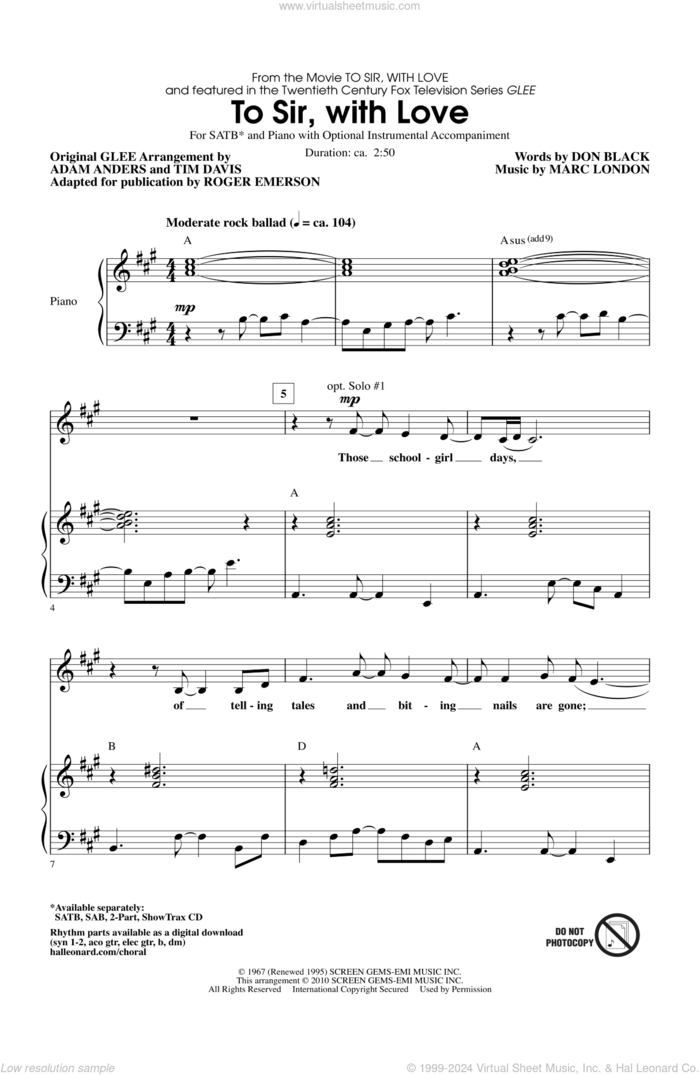 To Sir, With Love sheet music for choir (SATB: soprano, alto, tenor, bass) by Don Black, Marc London, Adam Anders, Glee Cast, Lulu, Miscellaneous, Roger Emerson and Tim Davis, intermediate skill level