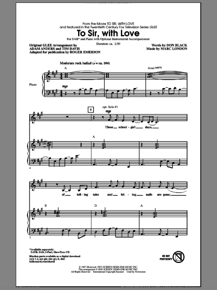 To Sir, With Love sheet music for choir (SAB: soprano, alto, bass) by Don Black, Marc London, Adam Anders, Glee Cast, Lulu, Miscellaneous, Roger Emerson and Tim Davis, intermediate skill level