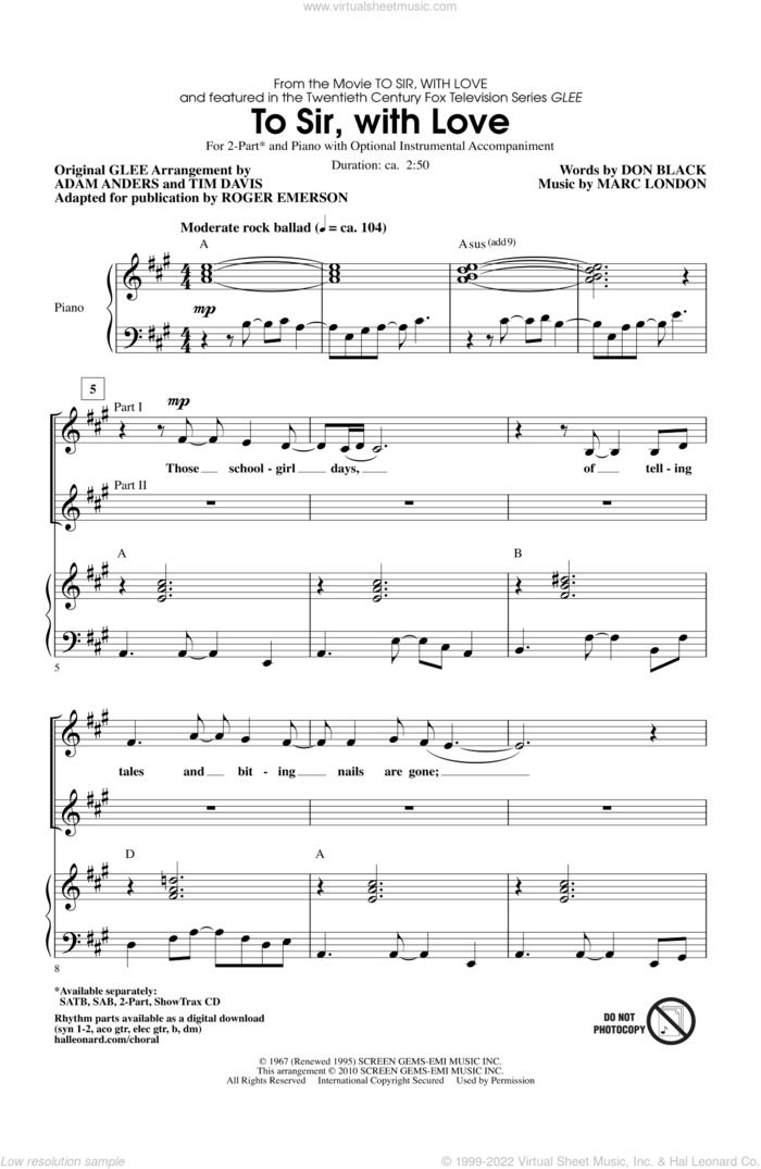 To Sir, With Love sheet music for choir (2-Part) by Don Black, Marc London, Adam Anders, Glee Cast, Lulu, Miscellaneous, Roger Emerson and Tim Davis, intermediate duet