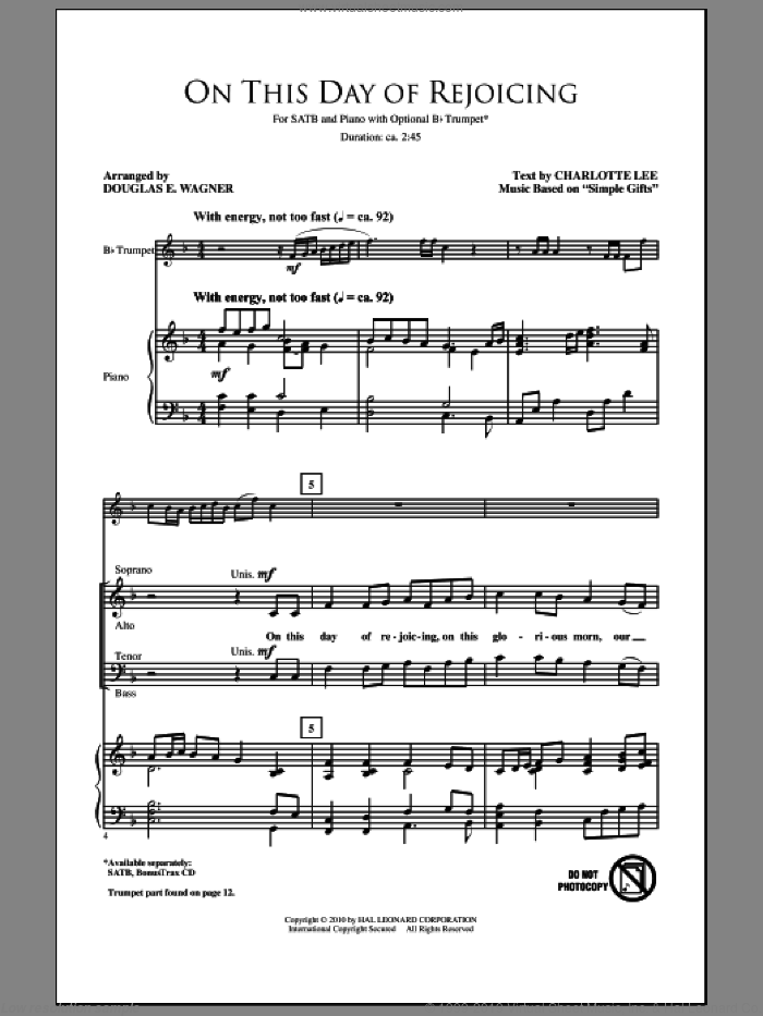 This Day Of Rejoicing sheet music for choir (SATB: soprano, alto, tenor, bass) by Douglas E. Wagner and Charlotte Lee, intermediate skill level