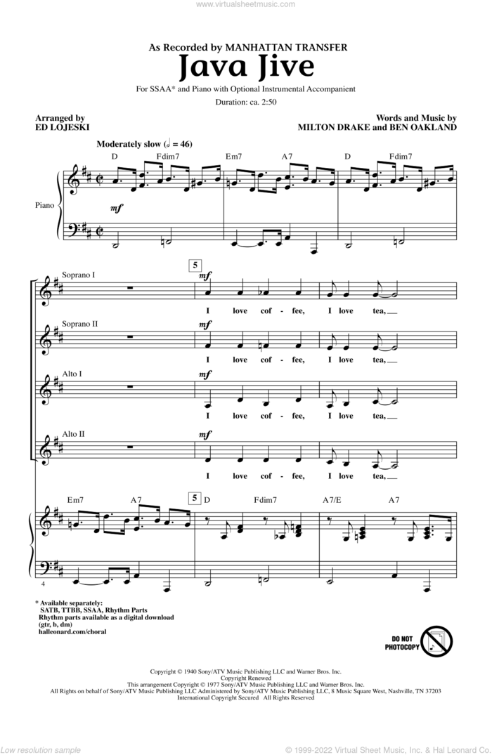 Java Jive (arr. Ed Lojeski) sheet music for choir (SSAA: soprano, alto) by Milton Drake, Ben Oakland, Ed Lojeski and Manhattan Transfer, intermediate skill level