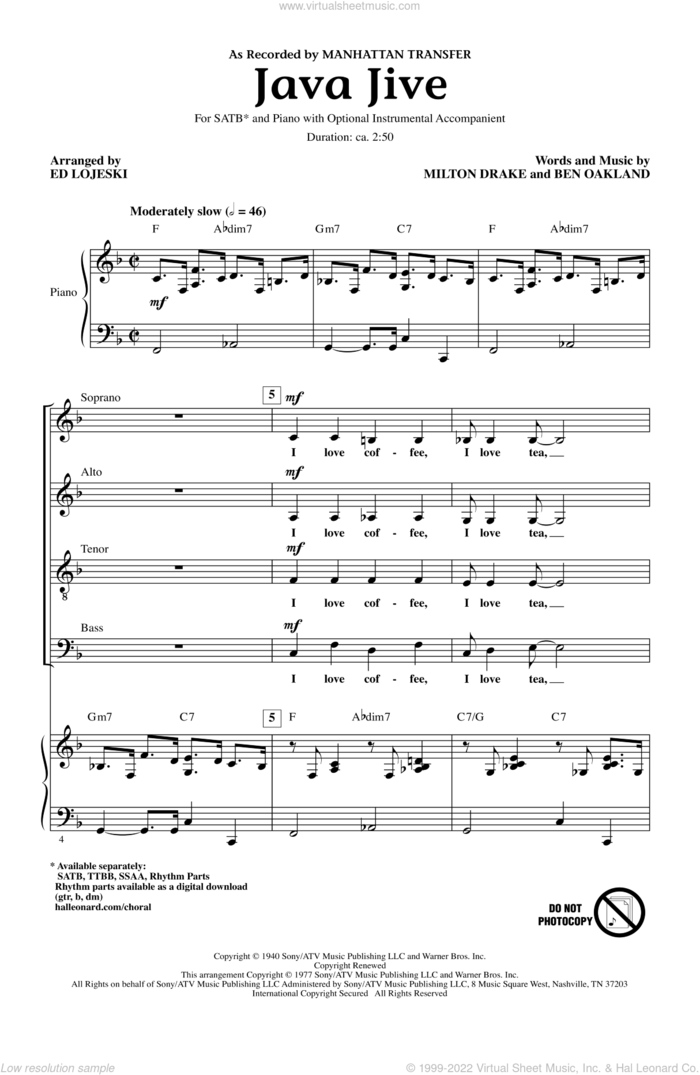 Java Jive (arr. Ed Lojeski) sheet music for choir (SATB: soprano, alto, tenor, bass) by Milton Drake, Ben Oakland, Ed Lojeski and Manhattan Transfer, intermediate skill level