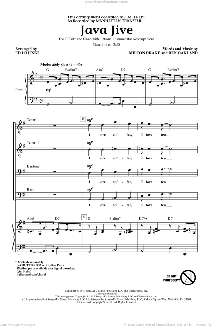 Java Jive (arr. Ed Lojeski) sheet music for choir (TTBB: tenor, bass) by Milton Drake, Ben Oakland, Ed Lojeski and Manhattan Transfer, intermediate skill level