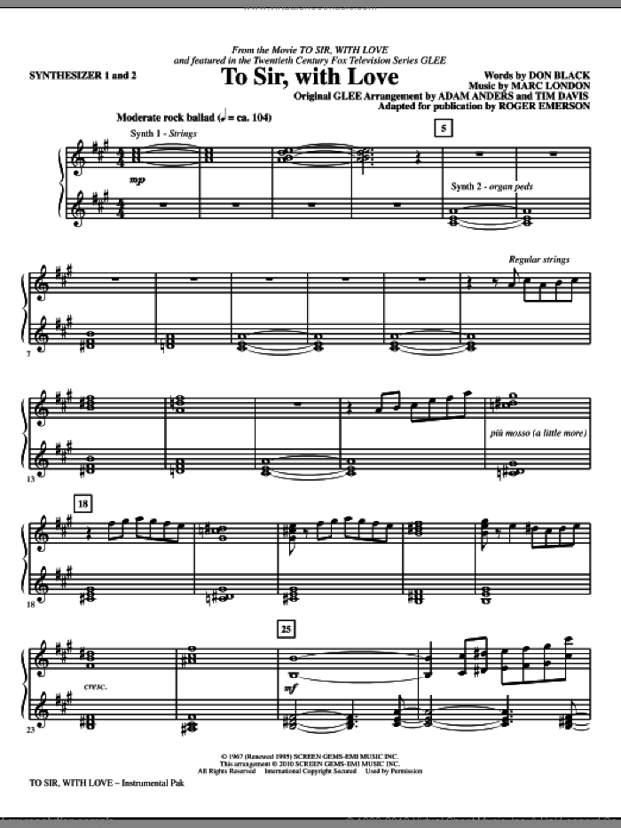 To Sir, With Love (complete set of parts) sheet music for orchestra/band (Rhythm) by Don Black, Marc London, Adam Anders, Glee Cast, Lulu, Miscellaneous, Roger Emerson and Tim Davis, intermediate skill level