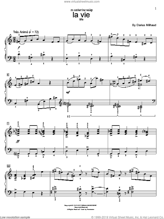 Life sheet music for piano solo (elementary) by Darius Milhaud and Dr. Carolyn True, classical score, beginner piano (elementary)