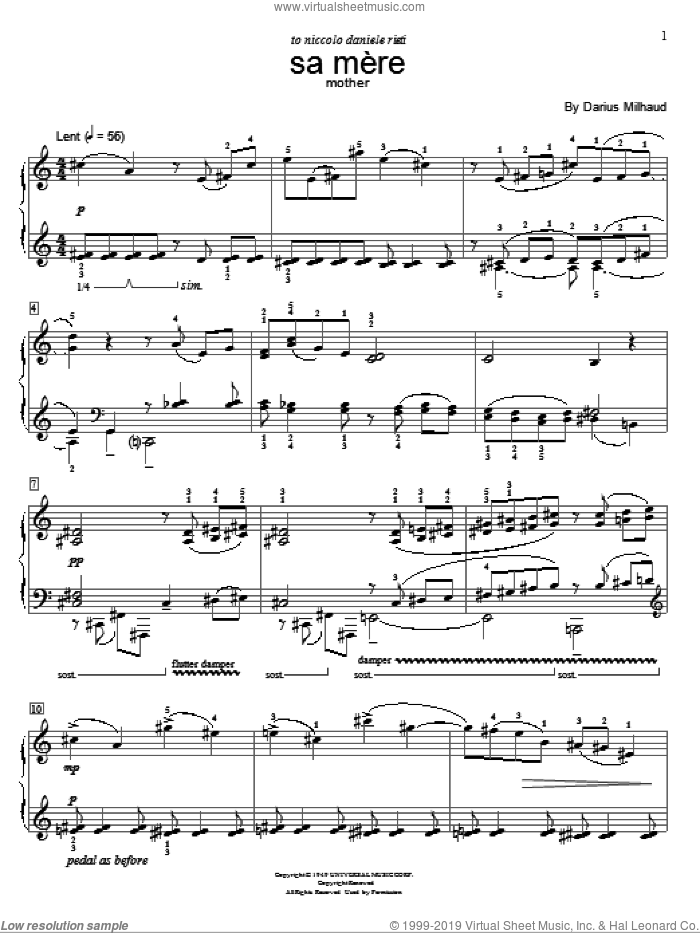 Mother sheet music for piano solo (elementary) by Darius Milhaud and Dr. Carolyn True, classical score, beginner piano (elementary)