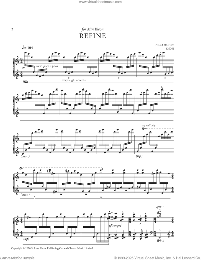 Refine sheet music for piano solo by Nico Muhly, classical score, intermediate skill level