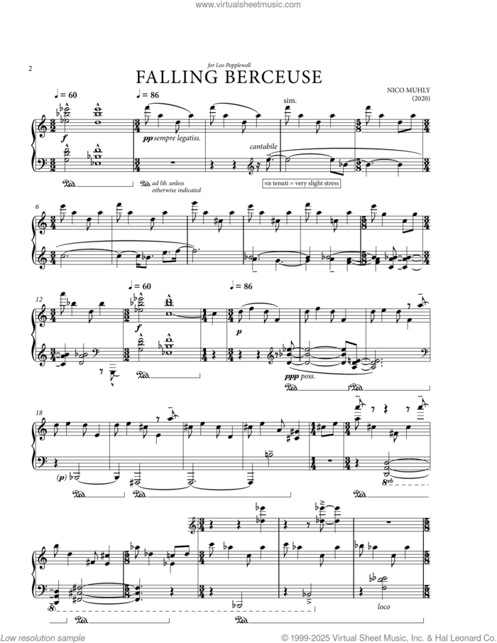 Falling Berceuse sheet music for piano solo by Nico Muhly, classical score, intermediate skill level