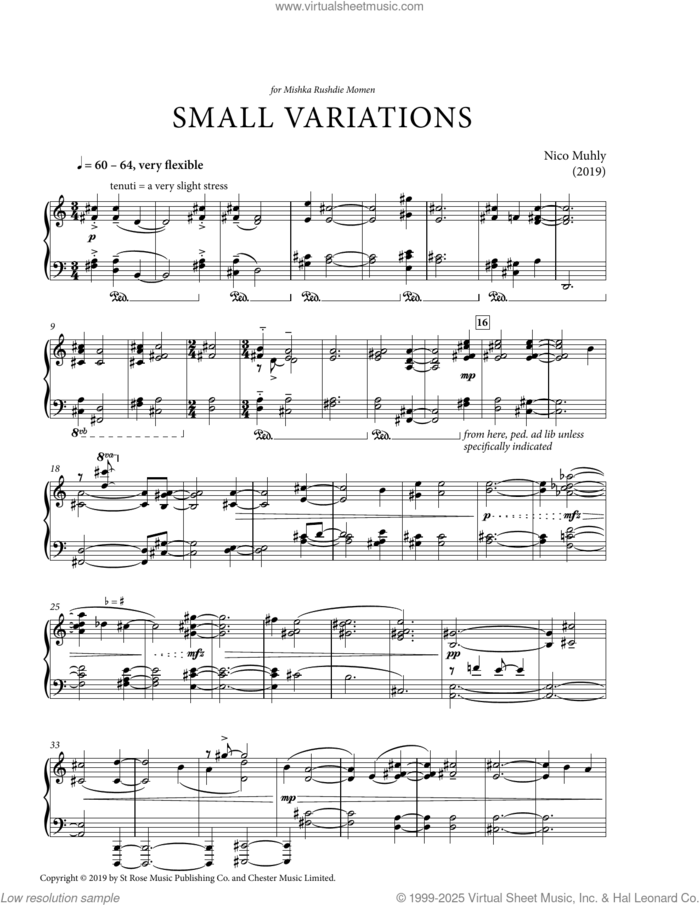 Small Variations sheet music for piano solo by Nico Muhly, classical score, intermediate skill level