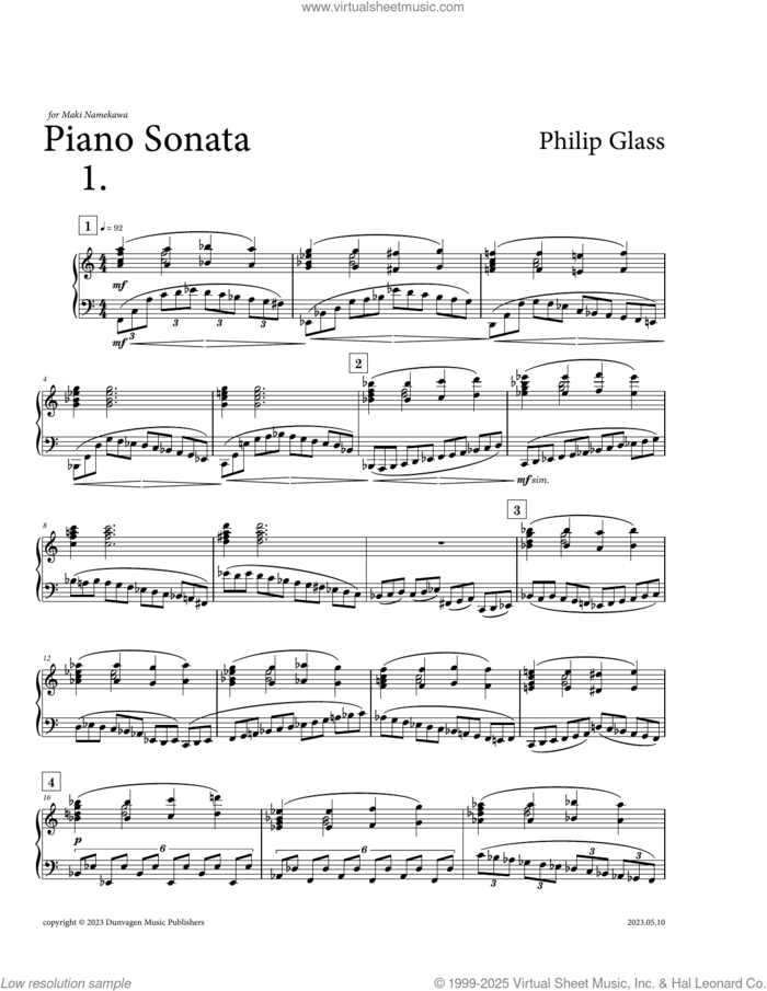 Piano Sonata sheet music for piano solo by Philip Glass, classical score, intermediate skill level