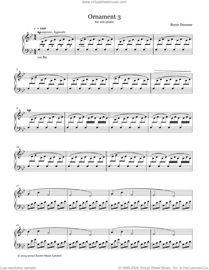 Ornament 3 sheet music for piano solo by Bryce Dessner, classical score, intermediate skill level