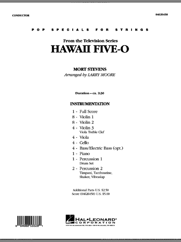 Hawaii Five-O (COMPLETE) sheet music for orchestra by Larry Moore, Mort Stevens and The Ventures, intermediate skill level