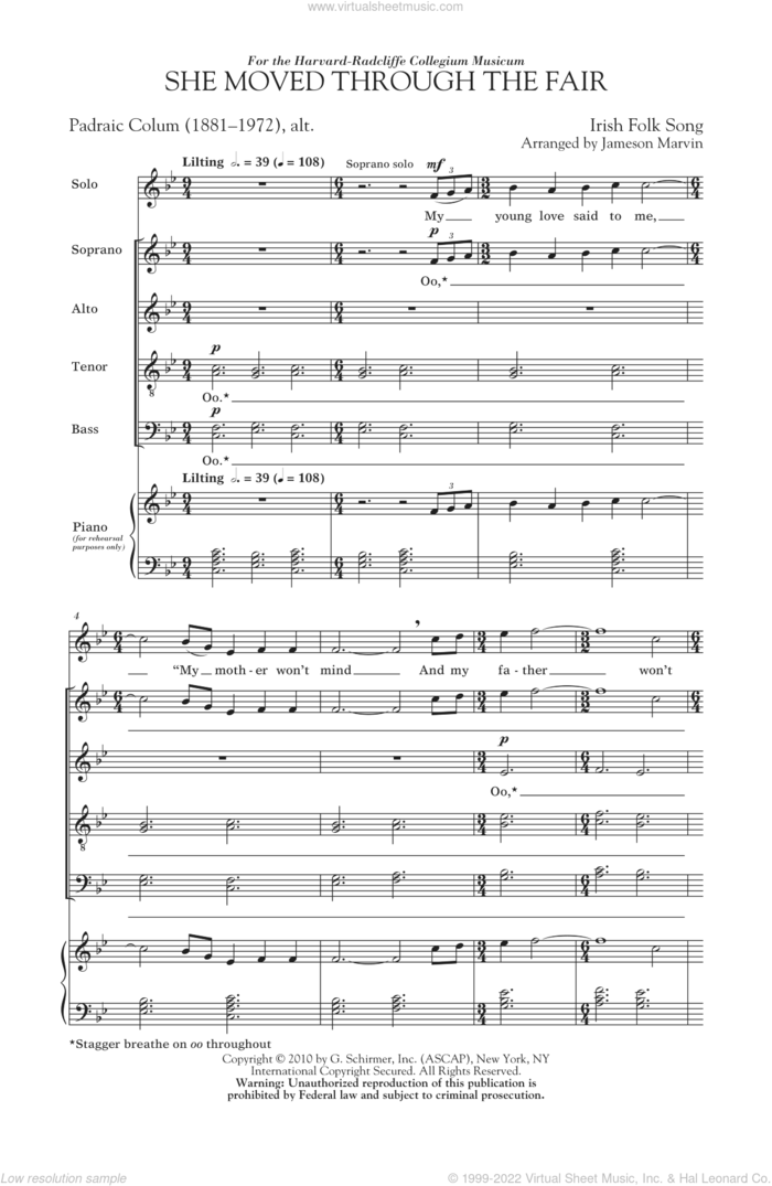 She Moved Thro' The Fair (She Moved Through The Fair) sheet music for choir (SATB: soprano, alto, tenor, bass) by Jameson Marvin and Miscellaneous, intermediate skill level