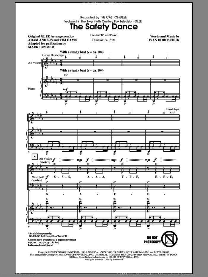 The Safety Dance sheet music for choir (SATB: soprano, alto, tenor, bass) by Mark Brymer, Ivan Doroschuk, Adam Anders, Glee Cast, Men Without Hats, Miscellaneous and Tim Davis, intermediate skill level