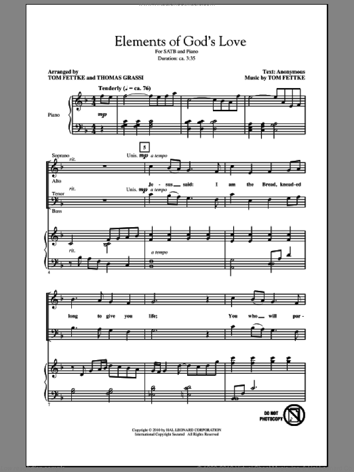 Elements Of God's Love sheet music for choir (SATB: soprano, alto, tenor, bass) by Tom Fettke, Anonymous and Thomas Grassi, intermediate skill level