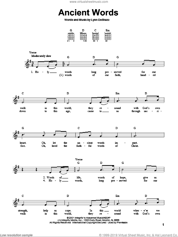 Ancient Words sheet music for guitar solo (chords) by Lynn DeShazo and Robin Mark, easy guitar (chords)