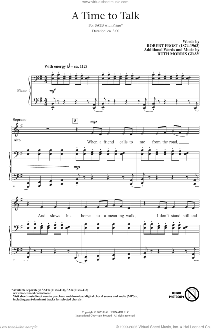 A Time To Talk sheet music for choir (SATB: soprano, alto, tenor, bass) by Ruth Morris Gray and Robert Frost, intermediate skill level