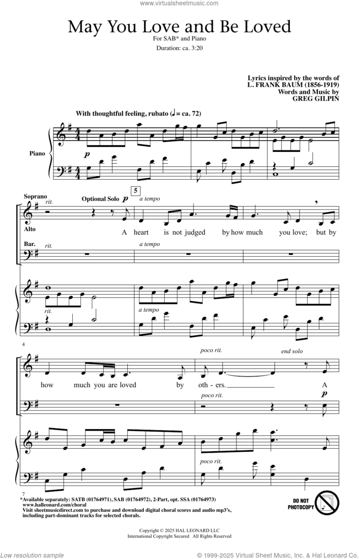 May You Love And Be Loved sheet music for choir (SAB: soprano, alto, bass) by Greg Gilpin and L. Frank Baum, intermediate skill level