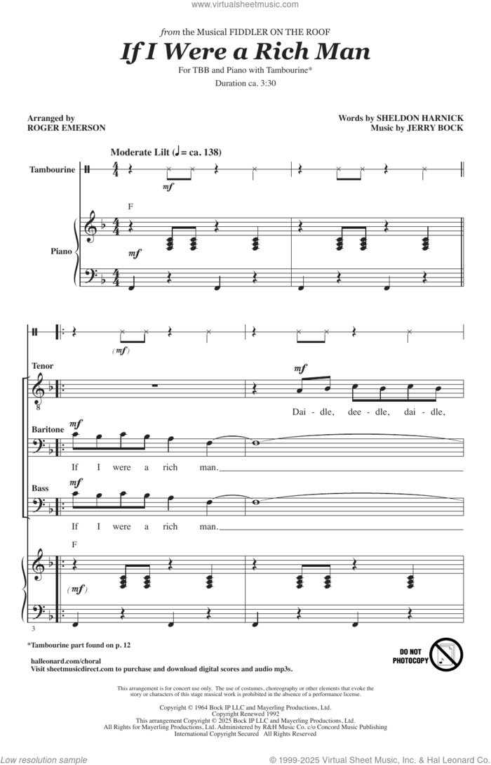 If I Were A Rich Man (arr. Roger Emerson) sheet music for choir (TBB: tenor, bass) by Jerry Bock, Roger Emerson and Sheldon Harnick, intermediate skill level