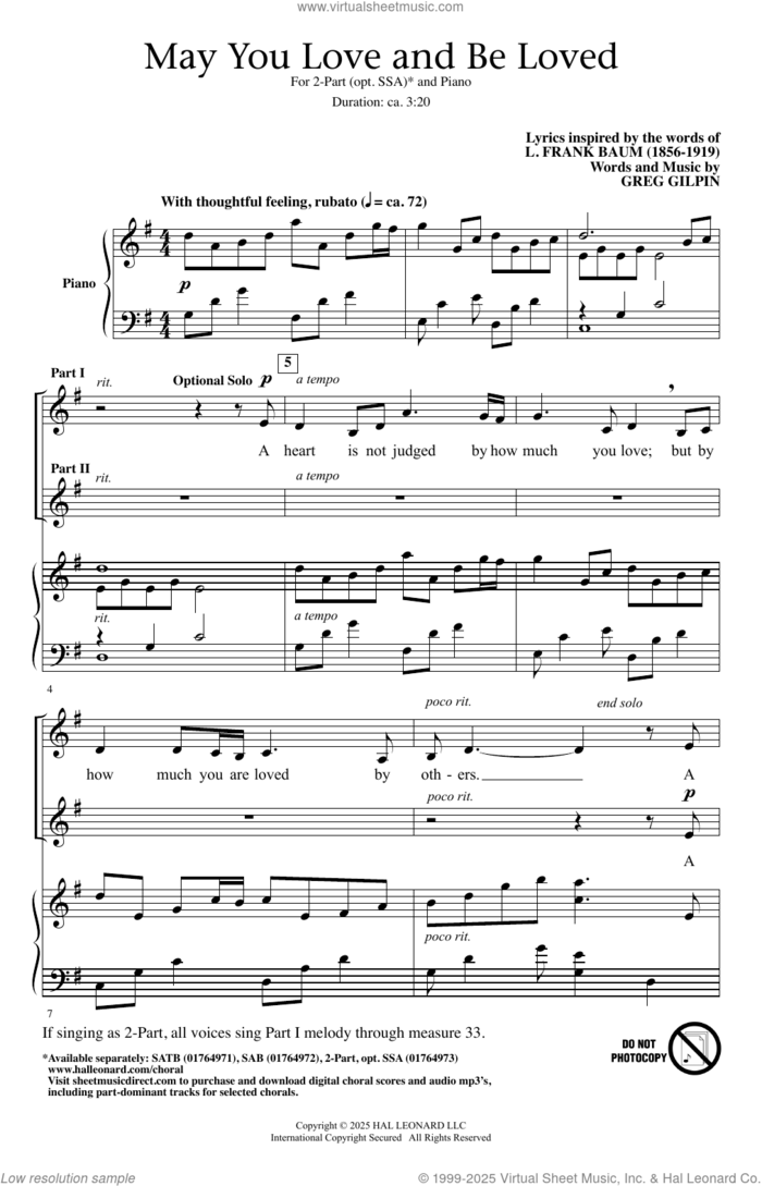 May You Love And Be Loved sheet music for choir (2-Part, SSA) by Greg Gilpin and L. Frank Baum, intermediate skill level