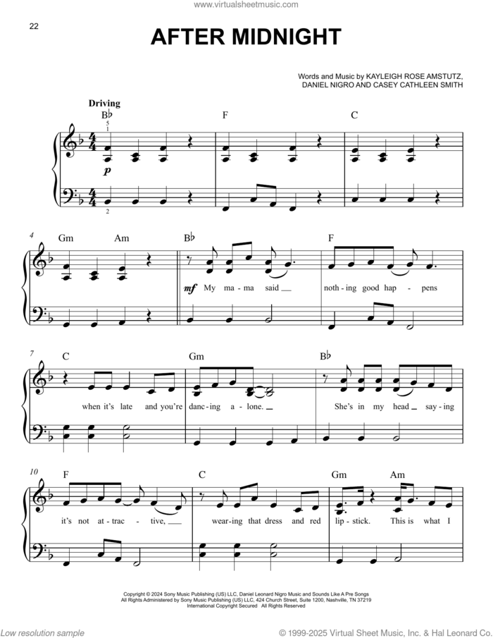 After Midnight sheet music for piano solo by Chappell Roan, Casey Cathleen Smith, Daniel Nigro and Kayleigh Rose Amstutz, easy skill level