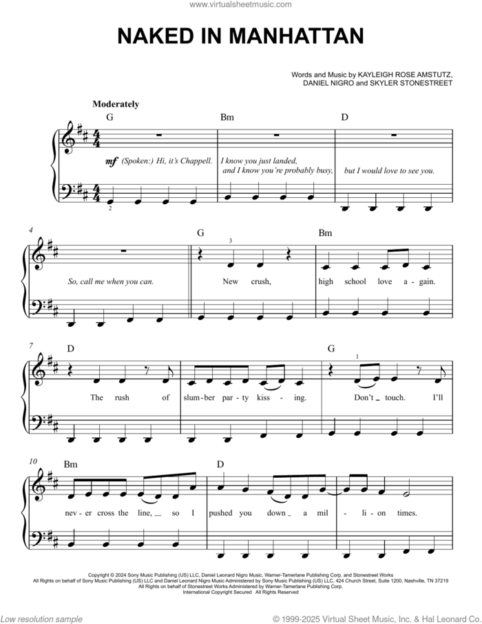 Naked In Manhattan sheet music for piano solo by Chappell Roan, Daniel Nigro, Kayleigh Rose Amstutz and Skyler Stonestreet, easy skill level