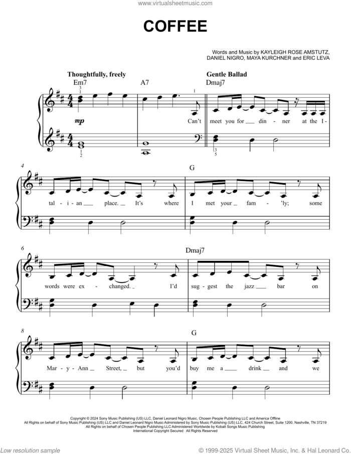 Coffee sheet music for piano solo by Chappell Roan, Daniel Nigro, Eric Leva, Kayleigh Rose Amstutz and Maya Kurchner, easy skill level