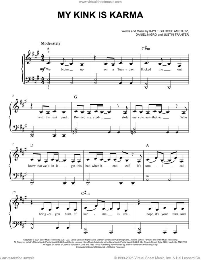 My Kink Is Karma sheet music for piano solo by Chappell Roan, Daniel Nigro, Justin Tranter and Kayleigh Rose Amstutz, easy skill level