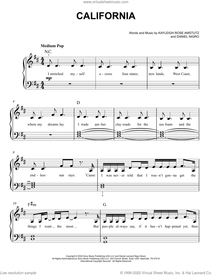 California sheet music for piano solo by Chappell Roan, Daniel Nigro and Kayleigh Rose Amstutz, easy skill level