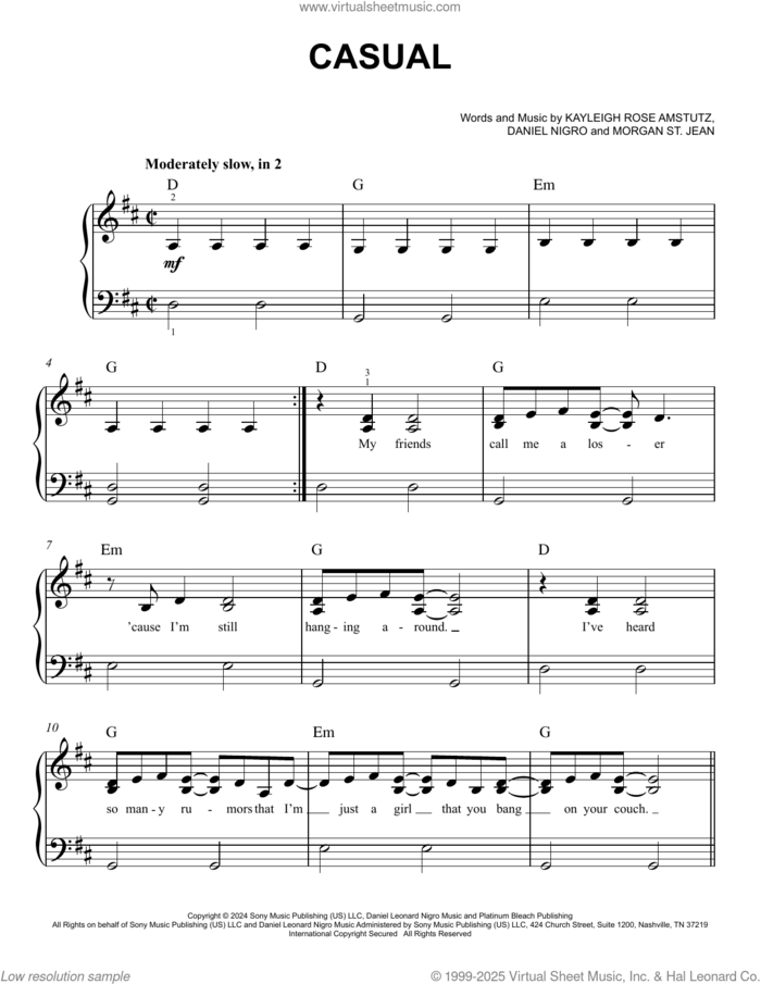 Casual sheet music for piano solo by Chappell Roan, Daniel Nigro, Kayleigh Rose Amstutz and Morgan St. Jean, easy skill level