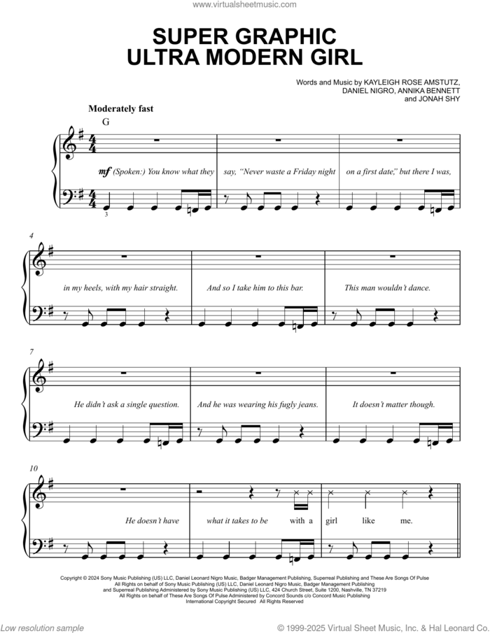 Super Graphic Ultra Modern Girl sheet music for piano solo by Chappell Roan, Annika Bennett, Daniel Nigro, Jonah Shy and Kayleigh Rose Amstutz, easy skill level