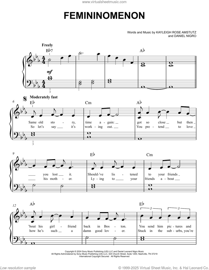 Femininomenon sheet music for piano solo by Chappell Roan, Daniel Nigro and Kayleigh Rose Amstutz, easy skill level