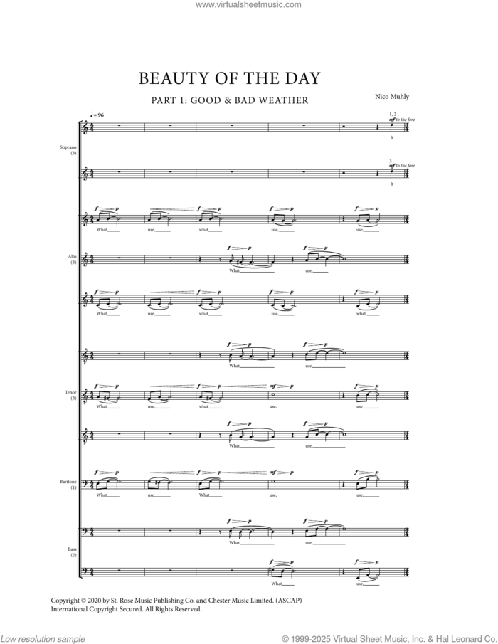 Beauty Of The Day sheet music for choir (SATB: soprano, alto, tenor, bass) by Nico Muhly, C.P. Cavafy, John James Audubon and Thomas Traherne, intermediate skill level