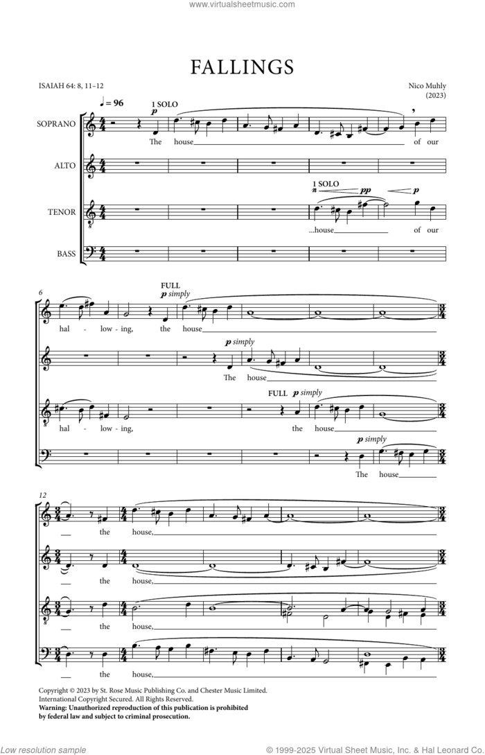 Fallings sheet music for choir (SATB: soprano, alto, tenor, bass) by Nico Muhly and Isaiah 64, intermediate skill level