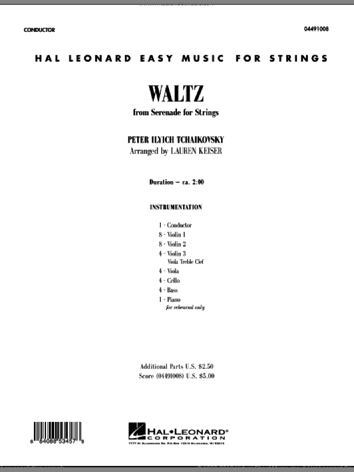 Waltz (from Serenade For Strings) (COMPLETE) sheet music for orchestra by Pyotr Ilyich Tchaikovsky and Lauren Keiser, classical score, intermediate skill level