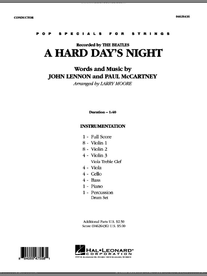 A Hard Day's Night (COMPLETE) sheet music for orchestra by Paul McCartney, John Lennon, Larry Moore and The Beatles, intermediate skill level
