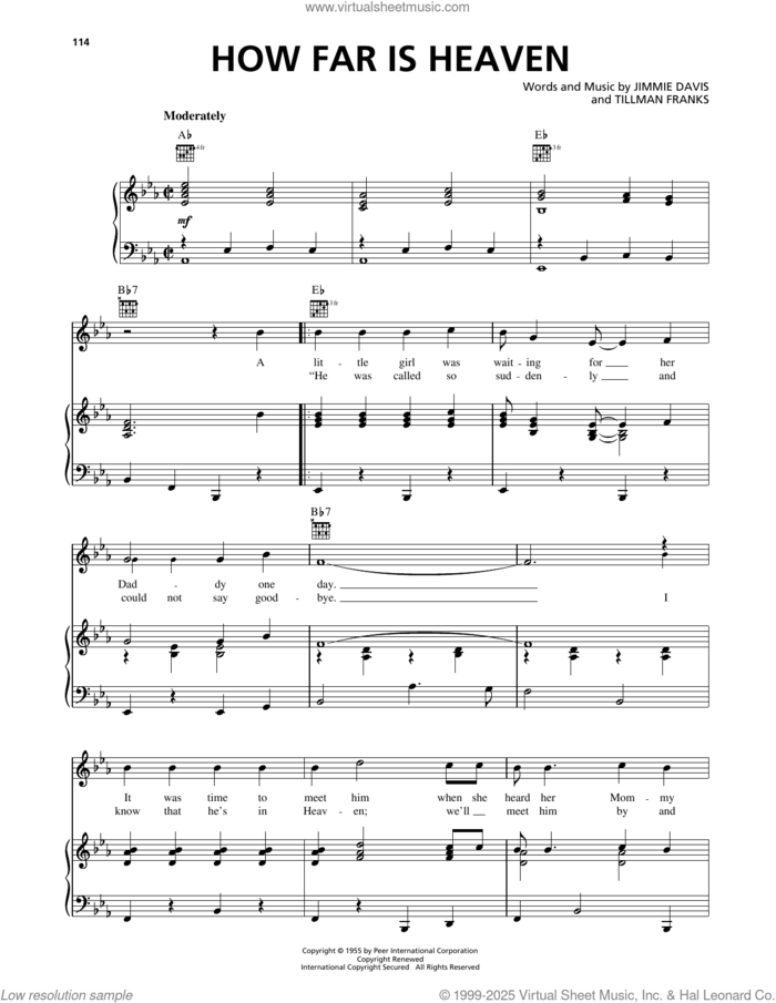 How Far Is Heaven sheet music for voice, piano or guitar by Kitty Wells, Jimmie Davis and Tillman Franks, intermediate skill level