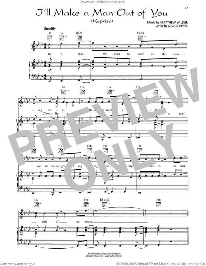 I'll Make A Man Out Of You (Reprise) (from Mulan) sheet music for voice, piano or guitar by David Zippel & Matthew Wilder, David Zippel and Matthew Wilder, intermediate skill level