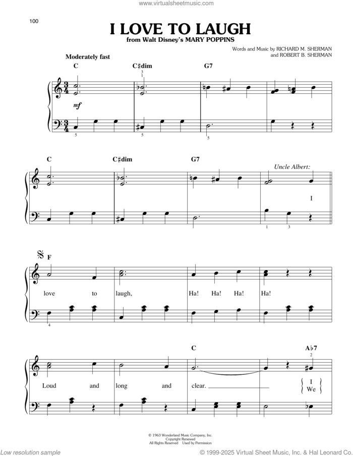 I Love To Laugh (from Mary Poppins) sheet music for piano solo by Sherman Brothers, Richard M. Sherman and Robert B. Sherman, easy skill level