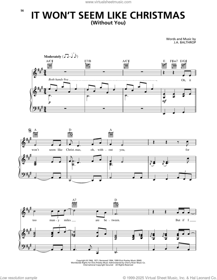 It Won't Seem Like Christmas (Without You) sheet music for voice, piano or guitar by Elvis Presley and J.A. Balthrop, intermediate skill level