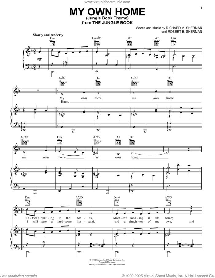 My Own Home (Jungle Book Theme) sheet music for voice, piano or guitar by Sherman Brothers, Richard M. Sherman and Robert B. Sherman, intermediate skill level