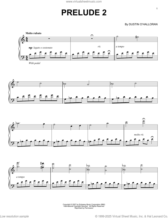 Prelude No. 2 sheet music for piano solo by Dustin O'Halloran, classical score, easy skill level