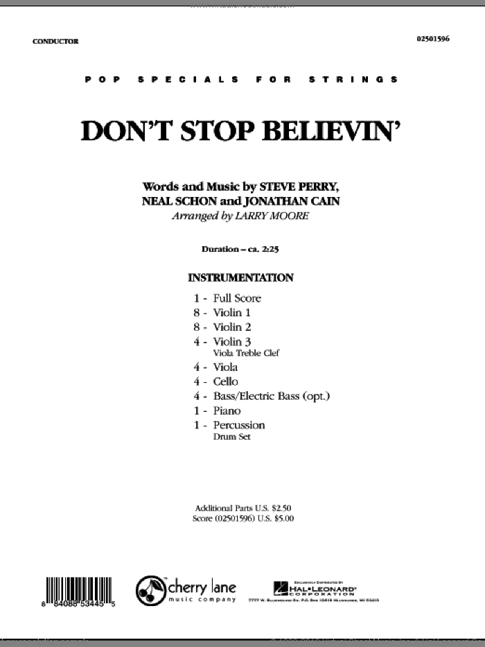 Don't Stop Believin' (COMPLETE) sheet music for orchestra by Steve Perry, Jonathan Cain, Neal Schon, Journey and Larry Moore, intermediate skill level
