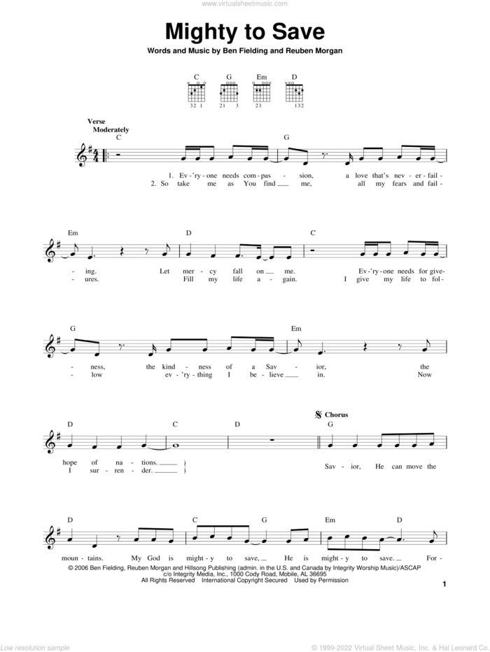 Mighty To Save sheet music for guitar solo (chords) by Reuben Morgan, Hillsong Worship and Ben Fielding, easy guitar (chords)
