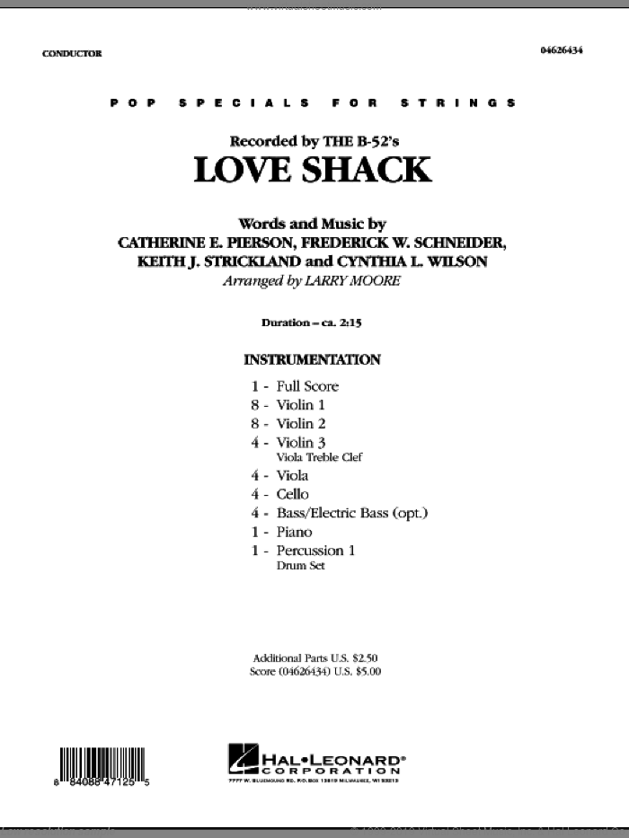 Love Shack (COMPLETE) sheet music for orchestra by Larry Moore, Catherine E. Pierson, Cynthia L. Wilson, Frederuck W. Schneider and Keith Strickland, intermediate skill level