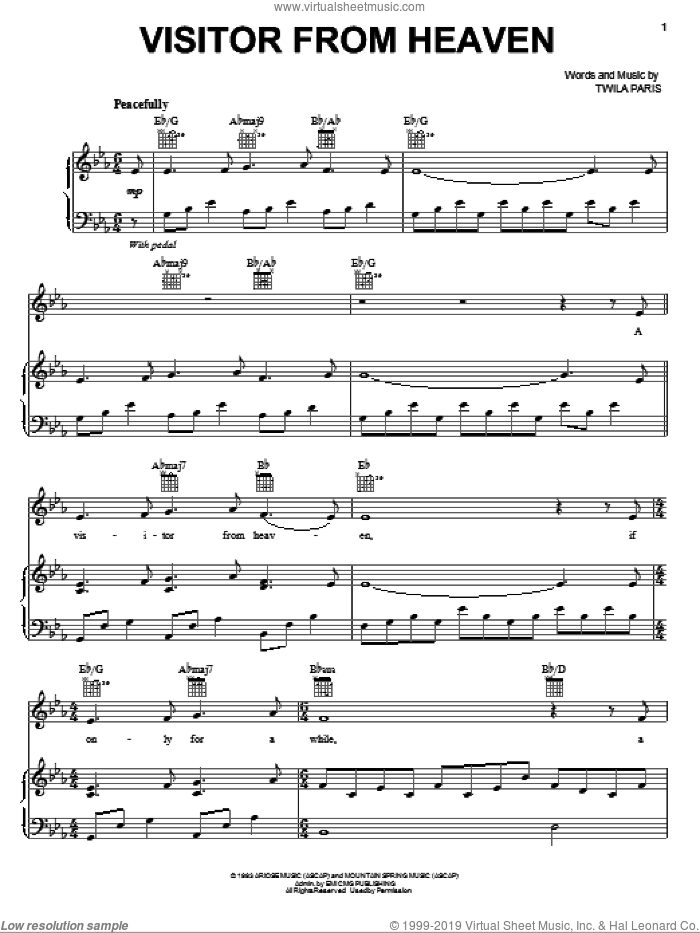 Visitor From Heaven sheet music for voice, piano or guitar by Twila Paris, intermediate skill level